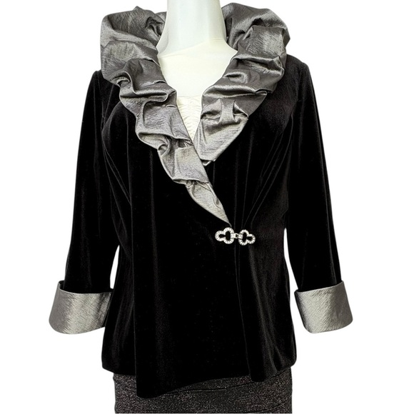 Vintage Jackets & Blazers - Whimsigoth Velvet Jacket MP Rhinestone Clasp, Metallic Ruffle Fairy Grunge 90s